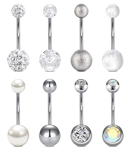 VCMART 14g 12mm & 14mm Navel Ring - Surgical Steel Belly Rings in Silver, Pink & Green for Women - Long Bar Belly Button Piercing Jewelry - style: A3 -14mm belly bar, 8pcs
