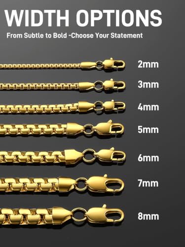 ChainsPro Stainless Steel Chains for Pendants, Flat Box Chain for Mens | Hypoallergenic Unisex Box Chain, Daily Wear Essential Necklaces for Pendant, Black/Silver/Gold Plated, Waterproof, No Tarnish - color: Gold Plated