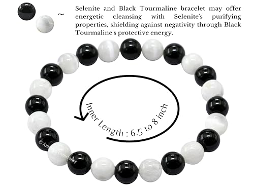 Amazing Gemstone Black Tourmaline Selenite Crystal Bracelet for Women Men's Gifts - Protection Healing Crystal Bracelet - 8mm Gemstone Beaded Stretchable Bracelet Pulseras Para Hombres Mujer Stocking Stuffers Mothers Day Gift - color: Black Tourmaline Sel