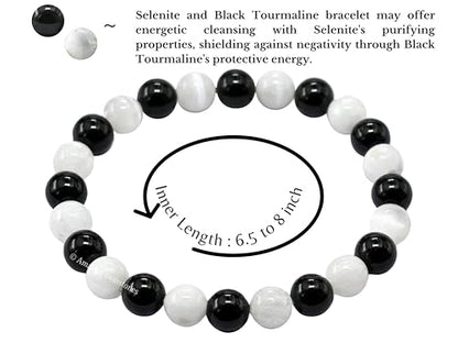 Amazing Gemstone Black Tourmaline Selenite Crystal Bracelet for Women Men's Gifts - Protection Healing Crystal Bracelet - 8mm Gemstone Beaded Stretchable Bracelet Pulseras Para Hombres Mujer Stocking Stuffers Mothers Day Gift - color: Black Tourmaline Sel