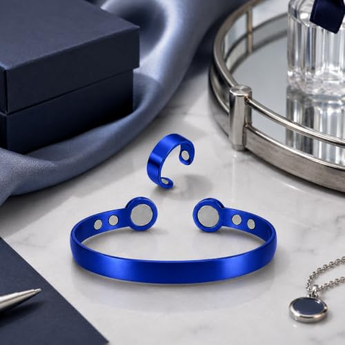 Calming Bracelet Ring Set for Women, Menopause Bracelets Adjustable Bangle Stainless Steel Cuff Climacterium Anxiety Stress Relief Energy Open Jewelry Gift - color: Blue PRO + Blue