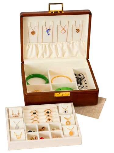 2 Layer Anti Tarnish Solid Wood Jewelry Organizer Box with Lock | Anti tarnish velvet storage for rings earrings necklaces watches wooden jewelry box for women men large locking vintage gift - color: Beige velvet(Necklace Holder), size: Standard 2-Tier(9.
