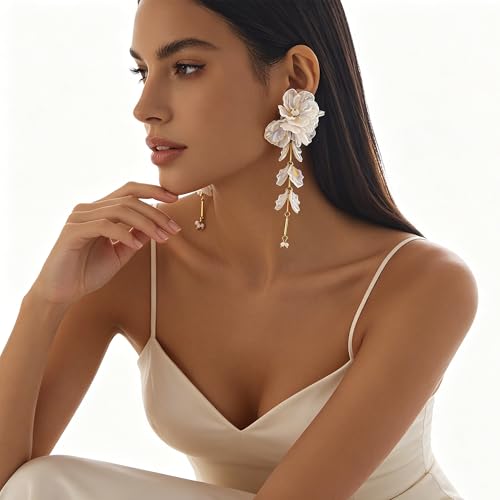 Fabric Flower Earrings for Women Colorful Long Tassel Floral Drop Earrings Fashion Boho Exaggerated Statement Beach Party Jewelry - color: acrylic white