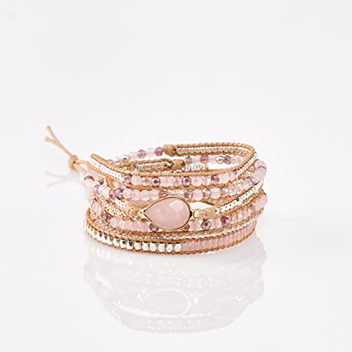 Bracelet for Women – Handmade Vegan Boho Natural Stone Layered Bracelet, Thailand Bohemian Stackable Beaded Wrap Bracelets, Summer Hippie Bracelet Stack, Fashion Jewelry Gifts - color: A2-Rose Gem