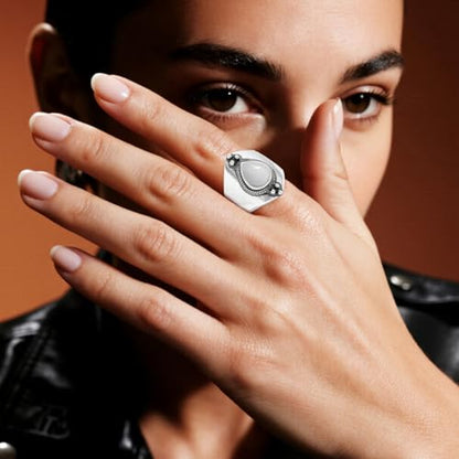 Natural Waterdrop Stone Wide Band Ring,Sterling Silver Genuine Teardrop Crystal Quartz Gemstone Statement Wide Chunky Full Finger Band Ring for Women - color: A03_White Agate