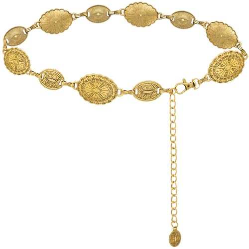 Women's Concho Chain Belt Western Cowgirl Metal Waist Chain | Belt for Dress - color: C Gold, size: S: 41.3 in