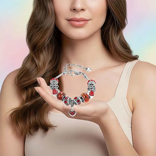 Pink Hearts Silver Plated Charm Bracelet, DIY Jewelry for Women with Beads, Charms, and Adjustable Snake Chain, Fits 7.5"+1.5" - color: Red, size: 19cm
