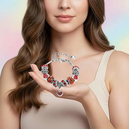 Pink Hearts Silver Plated Charm Bracelet, DIY Jewelry for Women with Beads, Charms, and Adjustable Snake Chain, Fits 7.5"+1.5" - color: Red, size: 19cm