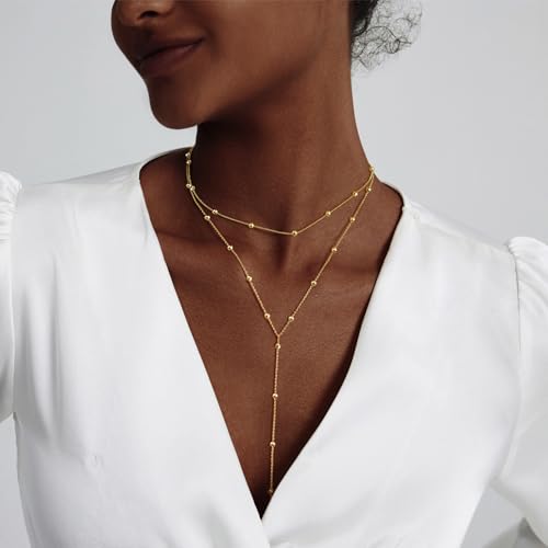 LULII Gold Necklace for Women Trendy Lariat Y Necklace Dainty 14k Gold Plated/Silver Long Necklaces for Women Layered Beaded Drop Necklaces Simple Y-Shaped Chain Jewelry Gifts - color: Y Layered Bead Necklace-Gold