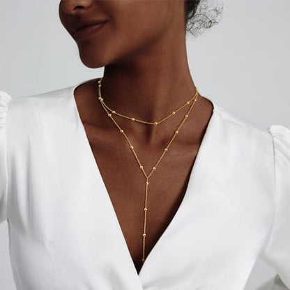 LULII Gold Necklace for Women Trendy Lariat Y Necklace Dainty 14k Gold Plated/Silver Long Necklaces for Women Layered Beaded Drop Necklaces Simple Y-Shaped Chain Jewelry Gifts - color: Y Layered Bead Necklace-Gold