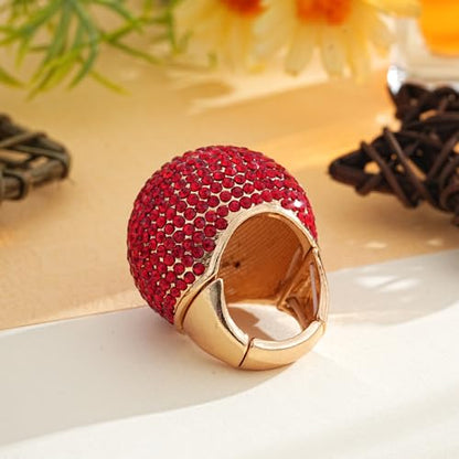 Gold Snowball Rhinestone Cocktail Ring – Adjustable Stretch Sparkling Party Jewelry for Women, Elegant Costume Ring for Evening Wear, Wedding, Prom - color: Red