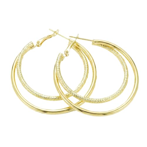 Hoop Earrings for Women, Hypoallergenic Stainless Steel Lightweight Thin Large Big Hoops Earrings Set for Women, Non Tarnish for Jewelry Gift 40MM - color: Gold Double Layer Textured Hoop Earrings