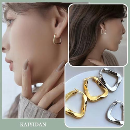 2 Pairs Gold/Silver Hoop Earrings For Women Set Trendy,14K Plated Gold Chunky Huggie Hoop Earings Pack,Oval Twisted Statement Silver Hoops,Fashion Jewelry Gift - color: 16) square twist hoop