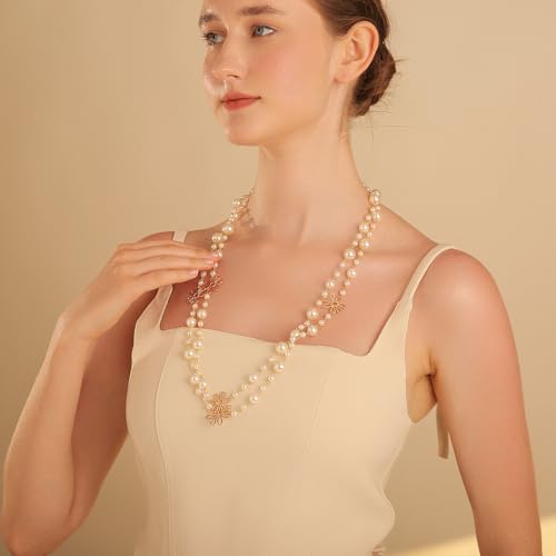 Simulated Pearl Strand Layered Necklace for Women, Multi Strand Long Necklace, Dainty Sweater Necklace for Party Costume Jewelry - style: Daisy