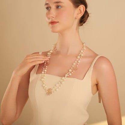 Simulated Pearl Strand Layered Necklace for Women, Multi Strand Long Necklace, Dainty Sweater Necklace for Party Costume Jewelry - style: Daisy