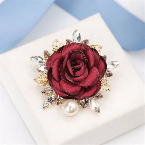 Handmade Elegant Red Rose Flower Brooch Pin for Women Crystal Pearl Fabric Flower Lapel Pin Dress Suit Accessories - color: Red