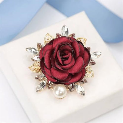 Handmade Elegant Red Rose Flower Brooch Pin for Women Crystal Pearl Fabric Flower Lapel Pin Dress Suit Accessories - color: Red