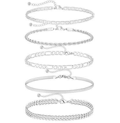 Dainty Ankle Bracelets for Women Waterproof | Layered Gold Plated Tennis Cuban Snake Rope Paperclip Beaded Link Chains Set, Summer Beach Jewelry Gift - color: Silver Anklet B