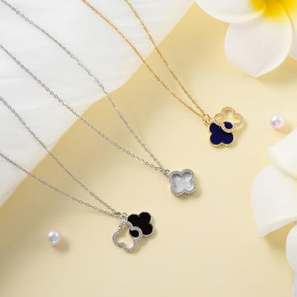 Clover Necklace For Women 18k Gold Plated Silver Lucky Four Leaf Clover Pendent Necklaces Trendy Dainty Jewelry Gifts for Women - color: Silver-Black