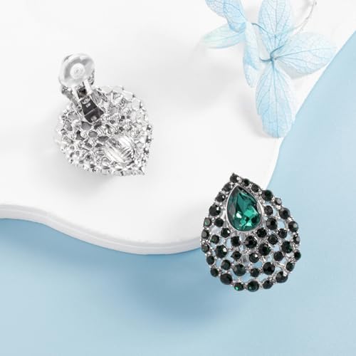 SELOVO Rhinestone Teardrop Big Stud Earrings Clip On Earrings - color: Green