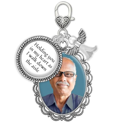 Wedding Bridal Bouquet Charm Holding You in My Heart Walk Down The Aisle | Memorial Gift for Bride or Dad Memorial Charm for Wedding Day. Includes Everything Needed to Easily Add Your Own Photo.