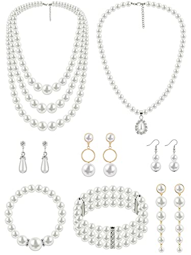 BBTO 8 Pcs Pearl Necklace and Earrings Set for Women Pearl Jewelry Set Faux Necklace Earrings Simulated Bracelets - style: Bright Style