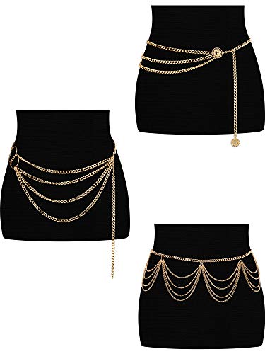 Hicarer 3 Pcs Waist Chain for Body Multi Layer Chain Belts for Women Girls Summer Beach Jewelry Halloween Adjustable - color: Gold, style: Classic Style