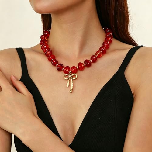 Red Beaded Necklace for Women Chunky Beaded Necklace Adjustable Acrylic Bead Choker Necklaces Big Statement Necklaces Jewelry Accessories - color: Red Bead Bow Necklace