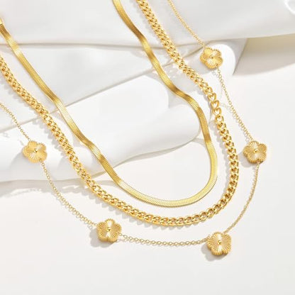 MPRAINBOW Gold Layered Necklace for Women - 3Pcs 18K Gold Plated Floral Necklaces, Stainless Steel Stackable Cuban Link Chain Non Tarnish Trendy Jewelry, Herringbone Chains Christmas Birthday Gifts - color: Gold