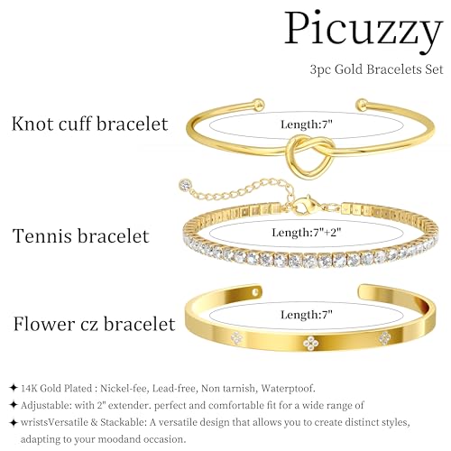 14K Gold Plated Stackable Bangle Bracelets for Women | Dainty Cuff Bracelets, Stackable for Women, Waterproof Bracelet Stack, Gold Jewelry Gifts Trendy Adjustable Accessories - color: 3-layer-F-Gold