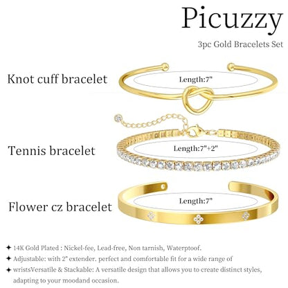 14K Gold Plated Stackable Bangle Bracelets for Women | Dainty Cuff Bracelets, Stackable for Women, Waterproof Bracelet Stack, Gold Jewelry Gifts Trendy Adjustable Accessories - color: 3-layer-F-Gold