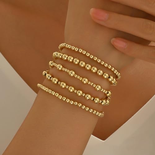 LOTSOF Bohemia Multilayer Beaded Bracelet Set, Turquoise Resin Colorful Surfer Heishi Style Elastic Spring Clasp Friendship Elastic Wristbands Summer Beach Boho Vacation Jewelry - color: Golden
