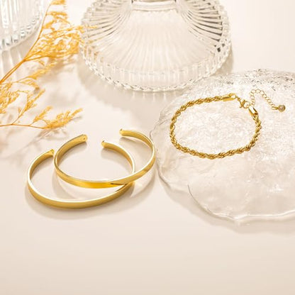 14K Gold Plated Stackable Bangle Bracelets for Women | Dainty Cuff Bracelets, Stackable for Women, Waterproof Bracelet Stack, Gold Jewelry Gifts Trendy Adjustable Accessories - color: 3-layer-B-Gold