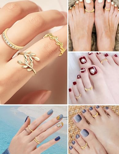 Akeoqi 12PCS 18K Gold Plated Toe Rings CZ Daisy Flower Leaf Heart Knot Band Open Tail Ring Beach Foot Jewelry Sets For Women Men Gold Silver Tone - color: A: Gold