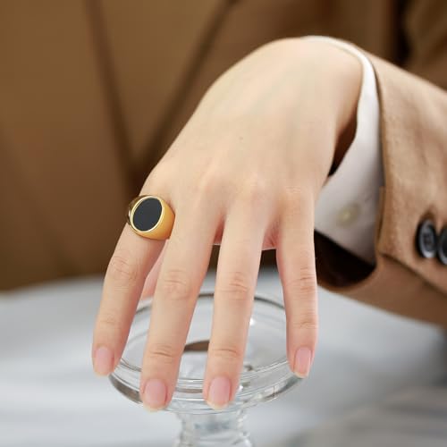 MYNENEY Stainless Steel Round Shape Classical Simple Plain Wedding Engagement Statement Pinky Band Signet Rings for Men Women Size 4-15 - color: Gold+Black