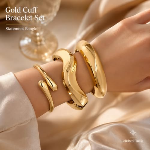 Chunky Gold Bangle Bracelets for Women, 14k Gold Plated Dainty Cuff Stackable Bangles Set, Trendy Bracelet Stack Fashion Jewelry Gifts - color: 10-GOLD