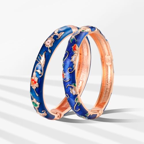 UJOY Cloisonne Bracelet Butterfly Hinge Indian Cuff Bangle Enameled Jewelry Flower Bracelets for Women Gift Box 55A114 - color: A81-Flower (2 Pcs Set)-Blue