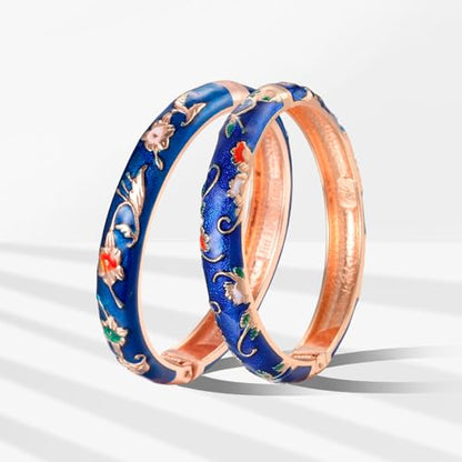 UJOY Cloisonne Bracelet Butterfly Hinge Indian Cuff Bangle Enameled Jewelry Flower Bracelets for Women Gift Box 55A114 - color: A81-Flower (2 Pcs Set)-Blue