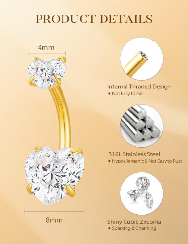 Hypoallergenic Belly Button Ring for Women | 14G, Stainless Steel, Gold Heart CZ Beaded Ball Pearl Belly Ring Stack, Curved Navel Belly Button Piercing Body Jewelry, 9PCS - color: 9PCS-14K Gold Plated