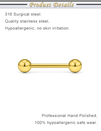 16G 14G Surgical Steel Tongue Rings Nipple Rings Industrial Piercing Jewelry Set Multi Size Straight Barbells 12mm 14mm 16mm 19mm 22mm 28mm 32mm 35mm 38mm 40mm 45mm for Women Men - color: goldtone, size: 14g,bar length 14mm