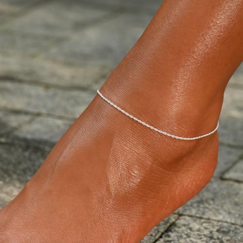 Ankle Bracelets for Women 14K Gold Plated Anklet Silver Anklets Waterproof Evil Eye Beaded Pearl Tennis Crystal Heart Cuba Link Chain Anklets Dainty Jewelry Gift for Her - color: Twisted Rope-Silver