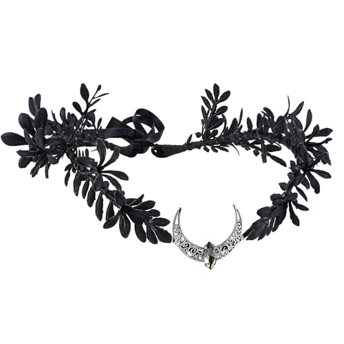 MOSTORY Black Moon Flower Crown - Handmade Gothic Elf Headpiece Woodland Dark Floral Headband Fairy Circlet for Renaissance Halloween Goth Wedding Party Cosplay Photo Shoot - color: Black