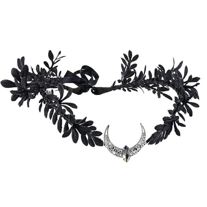 MOSTORY Black Moon Flower Crown - Handmade Gothic Elf Headpiece Woodland Dark Floral Headband Fairy Circlet for Renaissance Halloween Goth Wedding Party Cosplay Photo Shoot - color: Black