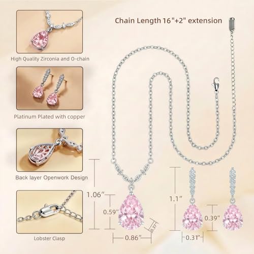 Platinum Plated Cubic Zirconia Teardrop Pendant Necklace Dangle Earrings Set, Silver Jewelry Set for Women,Wedding Jewelry Set for Bride,Bridesmaid Jewelry Gift, Gift for Valentine's Day, Birthday - color: Pink