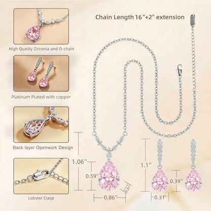 Platinum Plated Cubic Zirconia Teardrop Pendant Necklace Dangle Earrings Set, Silver Jewelry Set for Women,Wedding Jewelry Set for Bride,Bridesmaid Jewelry Gift, Gift for Valentine's Day, Birthday - color: Pink