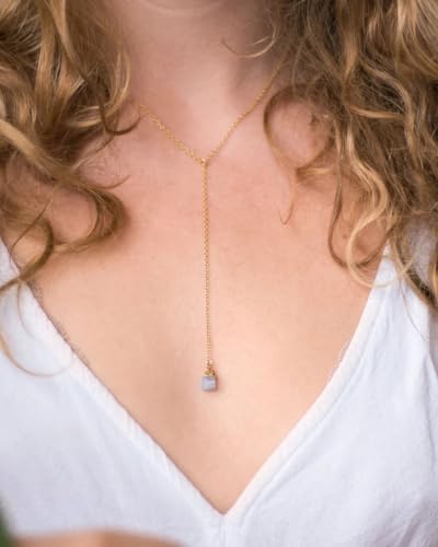 Lariat Necklace for Women Dainty Gold Long Crystal Drop Y-Shaped Necklace | 14k Gold Plated Crystal Drop Necklace Trendy Non Tarnish Simple Gold Jewelry For Wedding, Prom, Daily - color: Moonstone