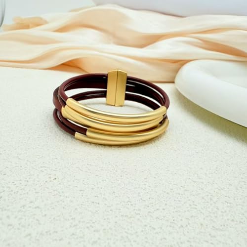 Bracelets for Women Leather Bracelet Multi-Layer Rope Wrap Bangle 14k Gold Plated Cirle Hollow Tube Boho Cuff Bangle Bracelets for Women Gift - style: Tube-Wine Red Leather Bracelet