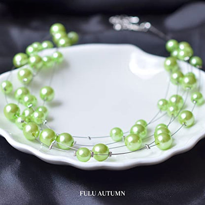 FULU AUTUMN Layered Pearl Necklace Multi-strand Pearl Choker Necklaces for Women Beaded jewelry for Wedding Parties - color: Fruit green
