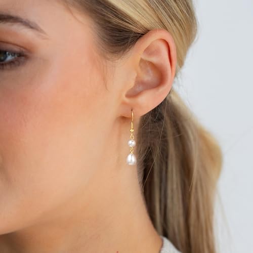 Robaice Pearl Earrings for Women, 14K Gold Plated Dangle Drop Earrings | Small Pearl Drop Huggie Hoop Earrings, Hypoallergenic Dainty Gold Earrings, Wedding Jewelry Gifts for Women Trendy - style: gold two pearl earrings