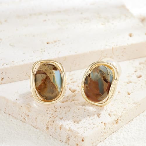 YOQUCOL Natural Stone Trendy Clip On Stud Earrings for Women Gold Plated Non Pierced Statement Earrings Fashion Jewelry - color: Oval-Brown